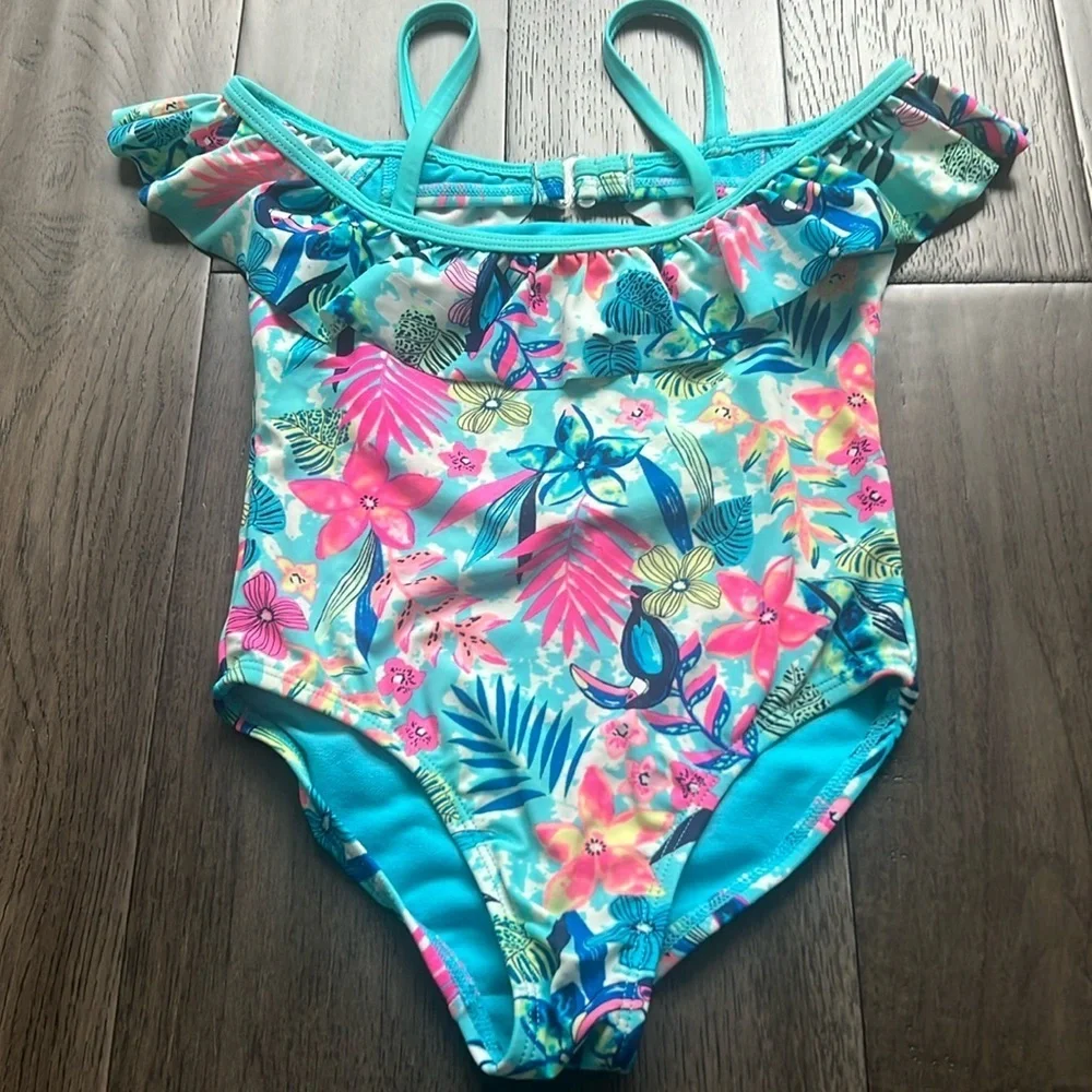 Toddler girl off shoulder ruffle top floral tropical low back swimsuit